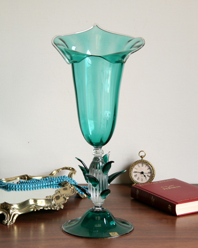 イタリア製、ムラノガラス花瓶（グリーン）